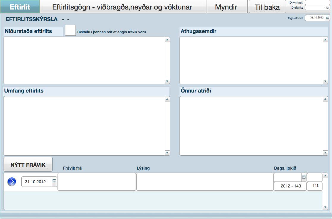 Skjáskot af spjaldtölvuviðmóti eftirlitsgagnagrunns